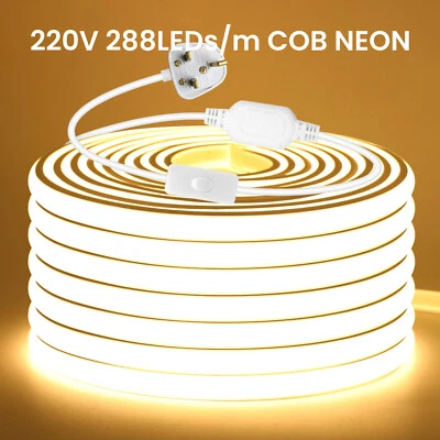 COB LED Neon Strip Lights 220V Waterproof IP67 Flexible Rope Tape Lamp UK Plug