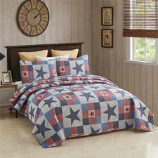 3Piece Quilt Set Patriotic Stars Plaid Patchwork Bedspread Blanket w/ 2 Shams