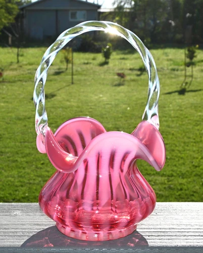 Gorgeous Fenton Art Glass Cranberry Pink & White Stripe Twist Handle 8" Basket