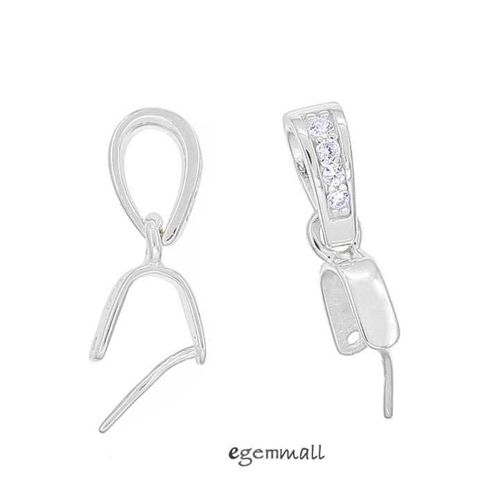 Rhodium On 925 Sterling Silver Oval CZ Pinch In Bail Pendant Connector
