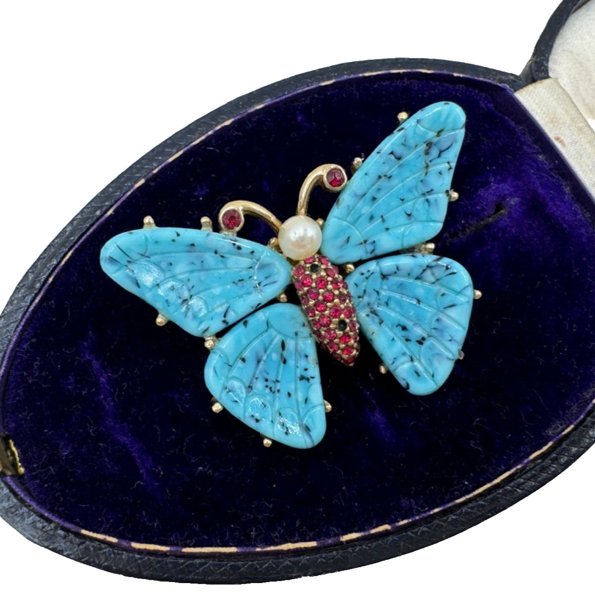 CINER SIGNED BLUE ETCHED GLASS RUBY RED RHINESTON… - image 1