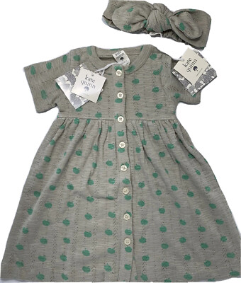 NWT Kate Quinn Girls 12-18 Months Organic Pointelle Green Apple Dress and Bow