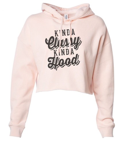 Felpa con cappuccio crop top allenamento divertente - maglietta Kinda Classy Kinda Hood musica hip hop - Foto 2 di 3