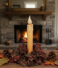 Country Primitive Christmas Plaid Taper Candle Ring ~ Mini Rag Wreath