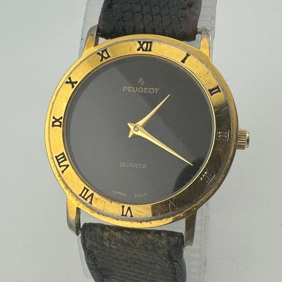 Reloj de Cuarzo Peugeot Vintage Unisex Tono Dorado Cuero Negro Analógico Batería Nueva Foto 2 de 4