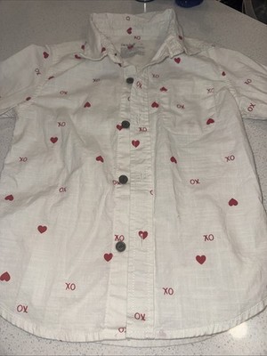 Cat & Jack Toddler Boys Valentine Shirt White Red Button Up Long Sleeve Size 5T