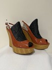 Gucci Coral Patent Leather Peep Toe Sling back Woven Wedge Size 7 1/2 — photo 4