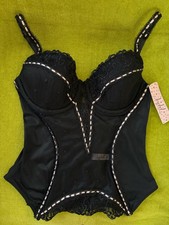 Jezebel Black Bustier/Corset Lace Overlay W/Pink Satin Trim, 34C, New With Tags