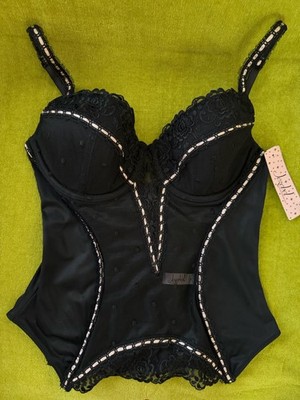 Jezebel Black Bustier/Corset Lace Overlay W/Pink Satin Trim, 34C, New With Tags