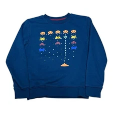 Retro Arcade Aliens Sweatshirt Youth Large Blue Graphic Crewneck Pullover Game