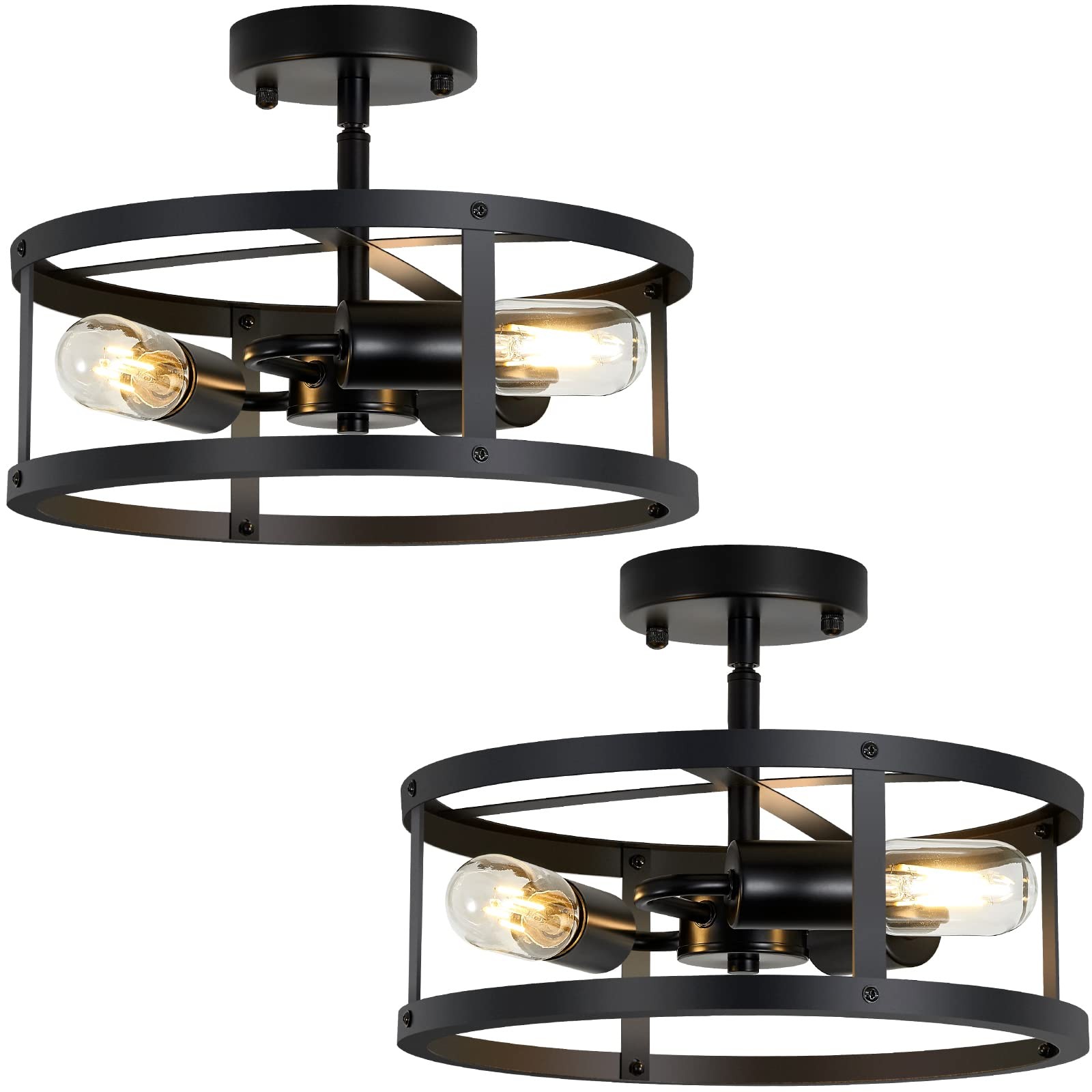 3-Light Black Metal Farmhouse Semi Flush Mount Ceiling Fixture with Cage Design