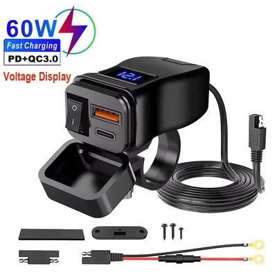 USB C Steckdose 12V Motorrad Ladegerät 60W QC3.0 USB-A und PD Type-C Wasserdicht