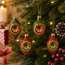 Sass & Belle Set of 4 Mini Retro Christmas Tree Baubles with Gold Hanging Twine