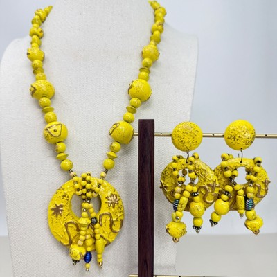 Bright Yellow Beaded Statement Necklace and Dangle Earrings Set Unique Handmade