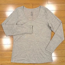 Woolx Layla Merino Wool V-Neck Long Sleeve Top Heather Grey Womens XL