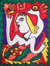 Crazy Coffee Lady Cubism 11 x 14 Cubist Art Print by Artist KSams Woman Abstract