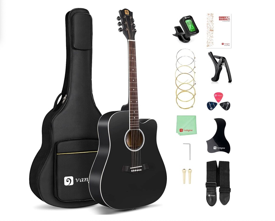 Guitare Acoustique Folk Cutaway Vangoa 4/4 Noire de 41 Pouces avec Housse