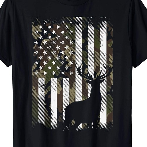 Camouflage American Flag Deer Elk Bucks Camouflage Hunter Dad Gift Short Sleeve - Picture 7 of 7