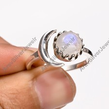 Natural Rainbow Moonstone Ring 925 Sterling Silver Moon Design Adjustable Ring