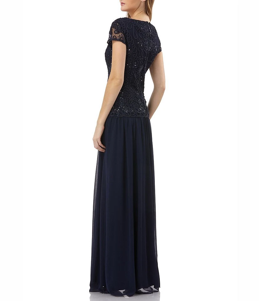 JS COLLECTIONS Navy Blue Soutache Ribbon Embellished Beaded Chiffon Maxi Gown 10 - Image 2 of 4
