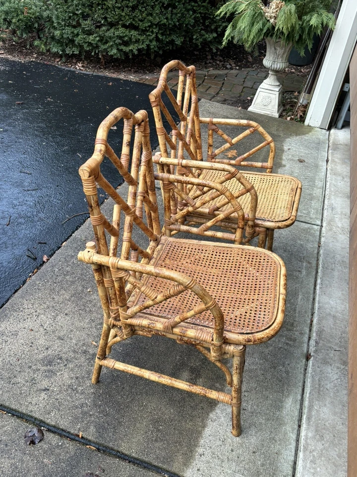 Cadeiras de madeira de bambu vintage Chippendale conjunto de 2 cadeiras de assento de bengala - Imagem 3 de 4