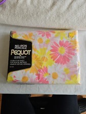VTG Pequot Double FLAT Sheet, Pink Yellow Pop Daisy Flower Power No-Iron Percale