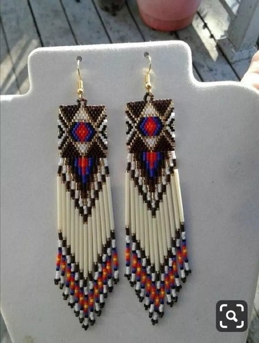 Tribal Earrings Native Large Boho American Seed Beads Handmade Earring - Picture 2 of 2