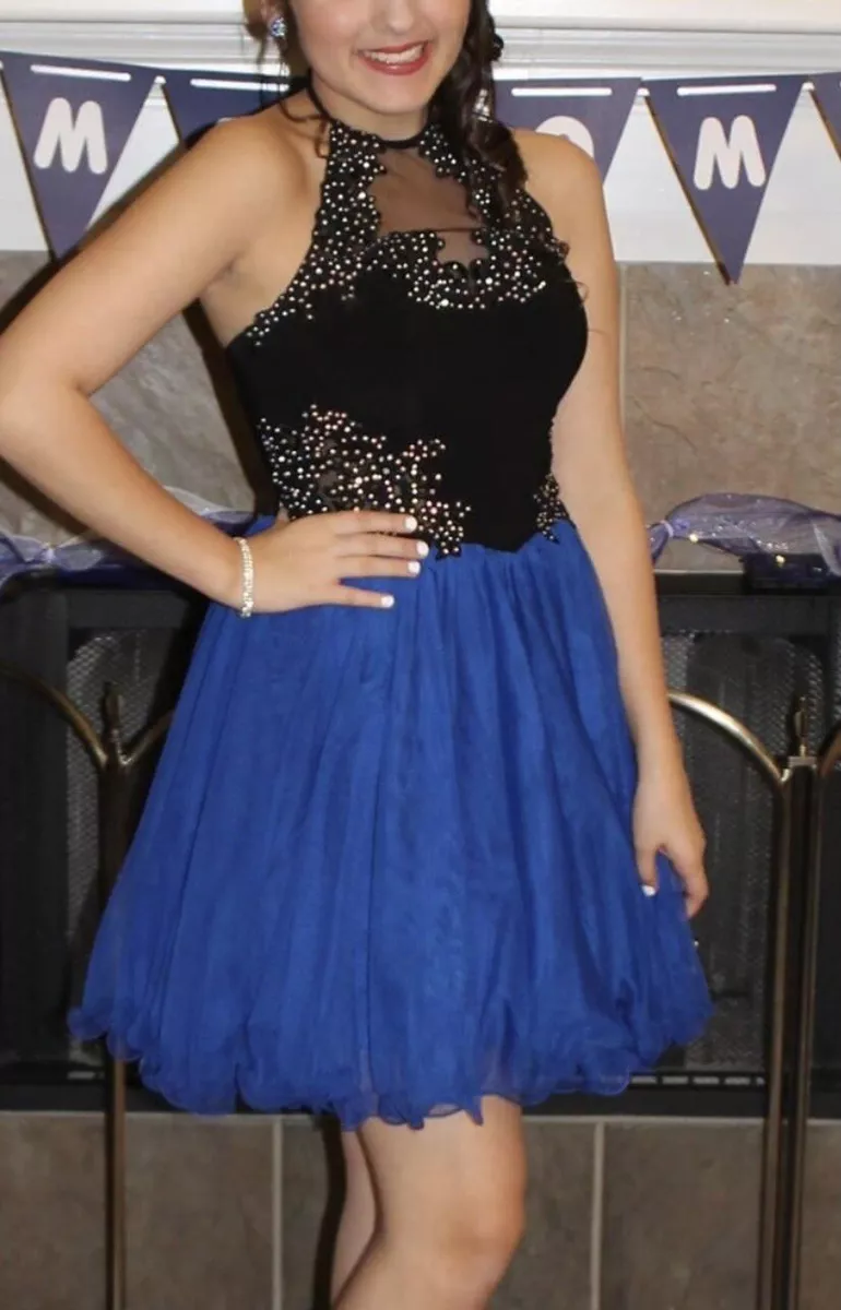 Blondie Nites Juniors Size 1 Blue Black Formal Homecoming Party Dress Rhinestone