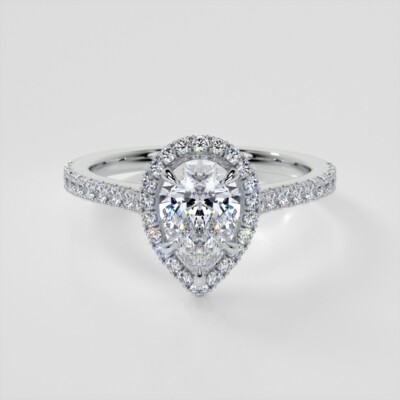 Lab Grown Diamond Pear Cut Halo Engagement Ring With Accents 14K Gold 3 Carats