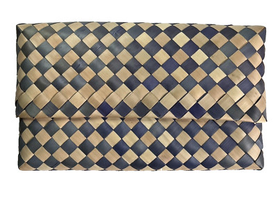 Villageworks Hand Woven Palm Leaf Blue & Tan Pouch Clutch Purse Made in Cambodia