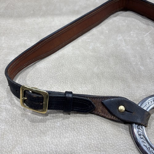 Al Stohlman Brand Vintage Black Leather Belt Floral Tooled Silver Details - Picture 2 of 4