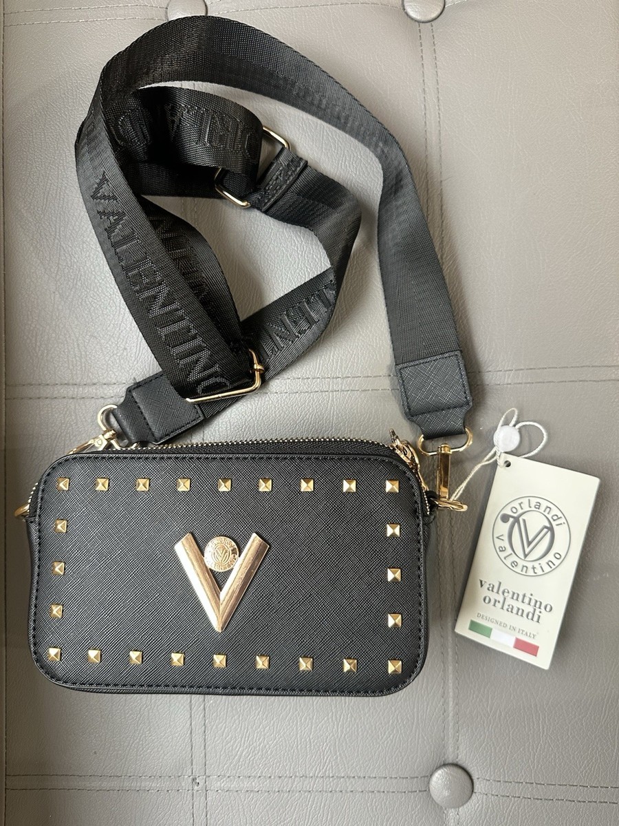 Valentino Orlandi Black Patent Leather Crossbody Camera Bag W/Gold