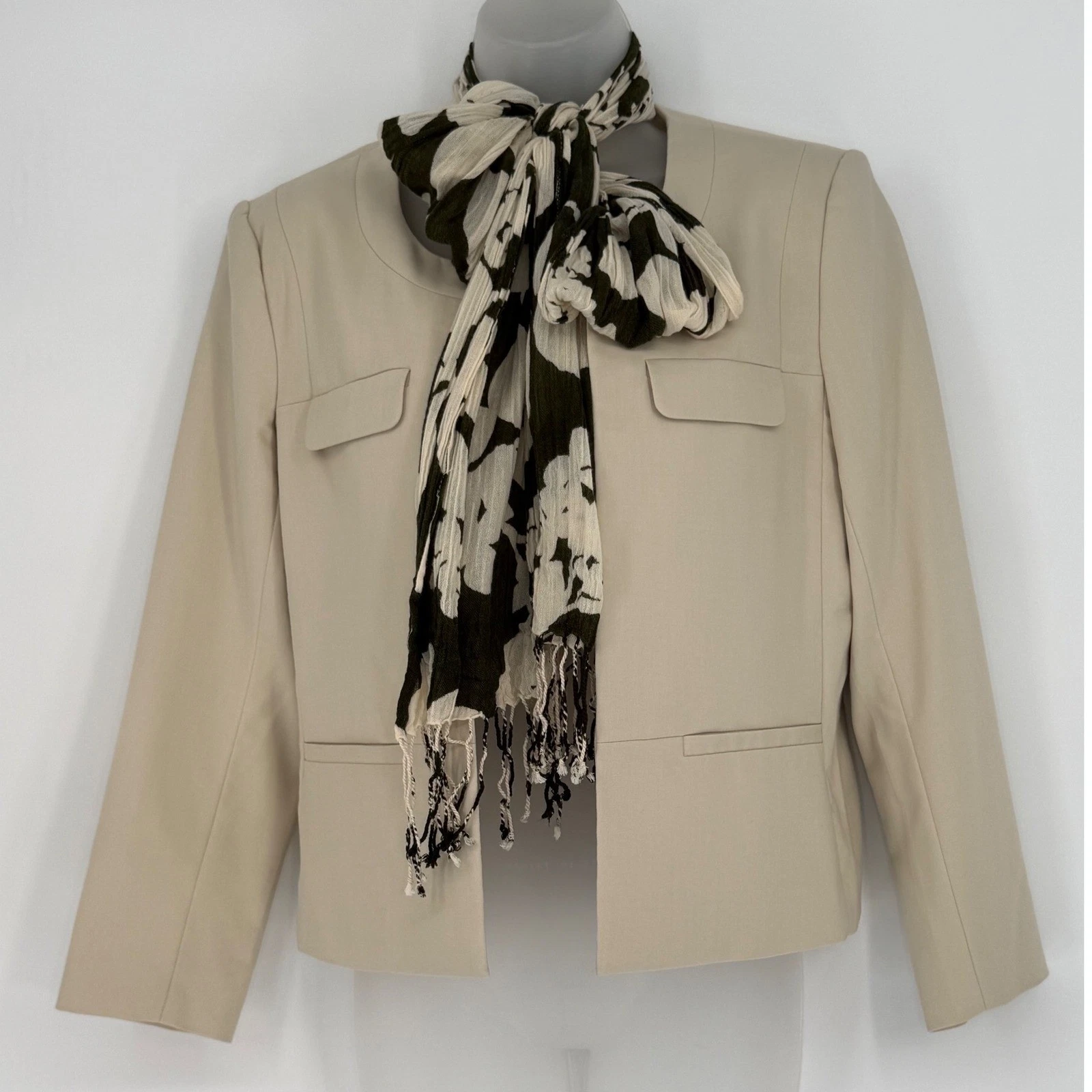 GAP Floral Scarf Fringed Olive Green Cream Viscose Cotton Lightweight OSFA