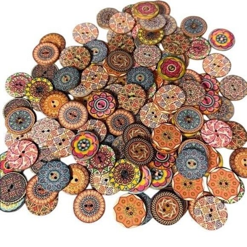 130 Assorted Round Vibrant Wood Buttons Boho Mandala Patterns Crafting Sewing