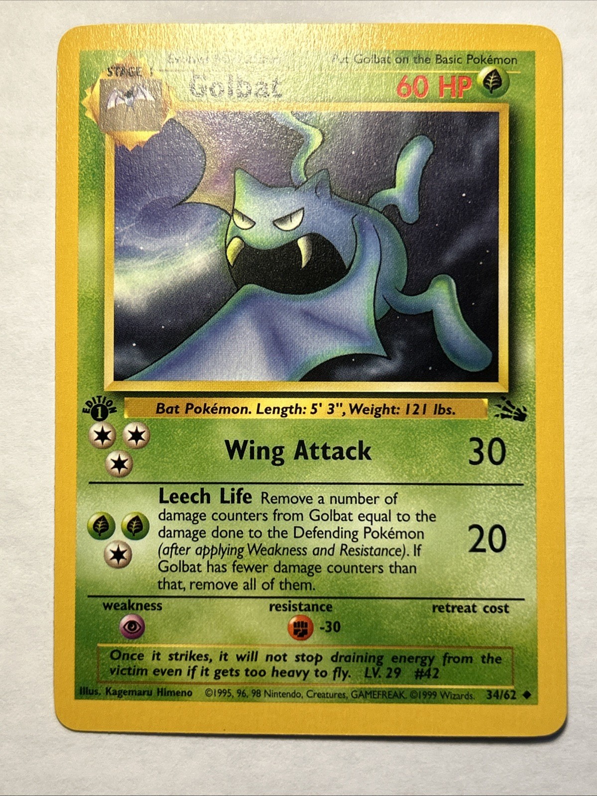 First Edition Golbat Fossil 34/62 Uncommon Vintage 1999 Pokemon TCG Card NM
