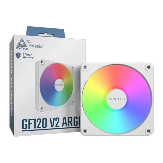 120mm Montech GF120 V2 ARGB, White, 9 Blade, 1600RPM, 73.1CFM, HDB, 4-Pin PWM, S
