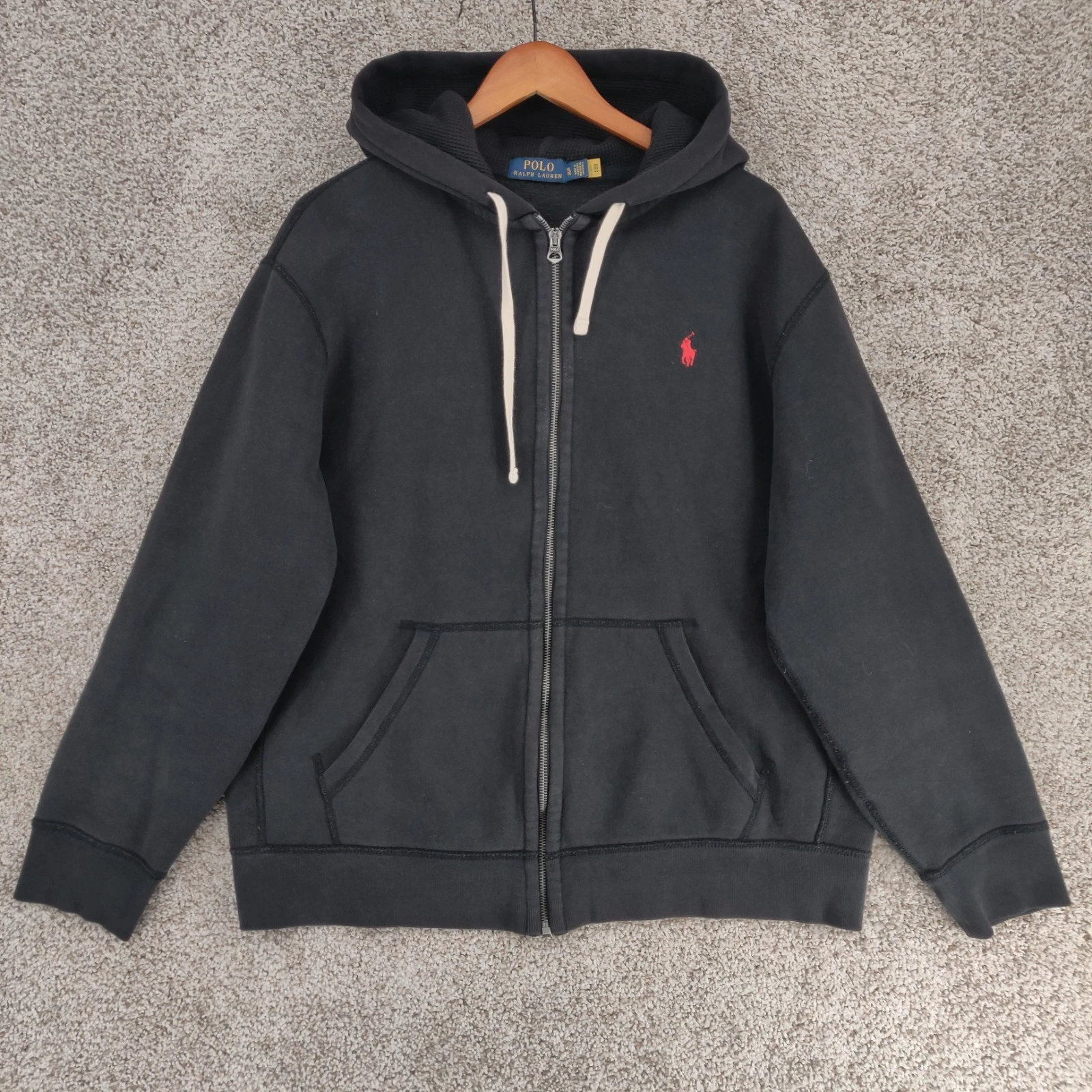 Polo Ralph Lauren Hoodie Mens XL Black Full Zip Thermal Sweatshirt Pony Logo