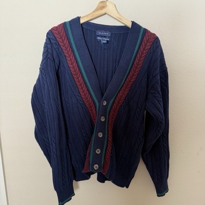Gant Vtg Cardigan Men s L  Navy Blue/maroon/green Button Pockets Grandpa Sweater