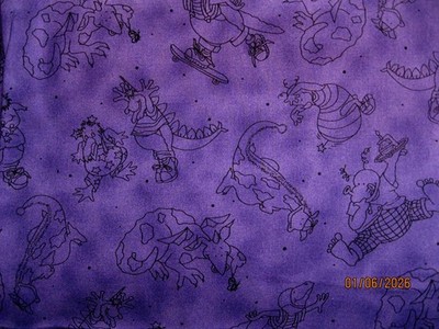 Lil' Monsters by Barbara Tourtillotte, Clothworks, black outlines on purple BTY