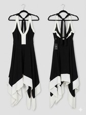 Adrianna Papell Dress 4 Black Ivory Colorblock HalterDeep V Handkerchief Hem NWT