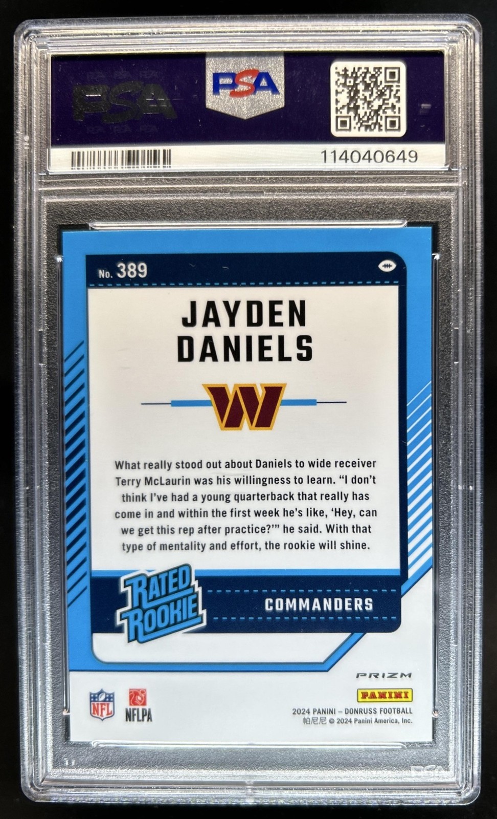 2024 Panini Donruss Jayden Daniels Optic Rated Rookie Preview Pink #389 PSA 10 view 2