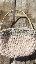 Handmade Farmhouse Crocheted Basket With Wooden Handle