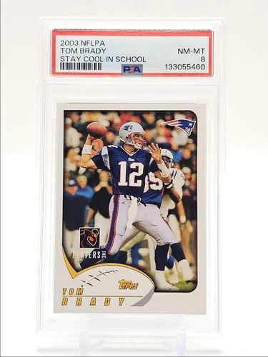 TOM BRADY 2003 TOPPS NFLPA STAY COOL IN SCHOOL FOOTBALL E PSA 8 Q0004