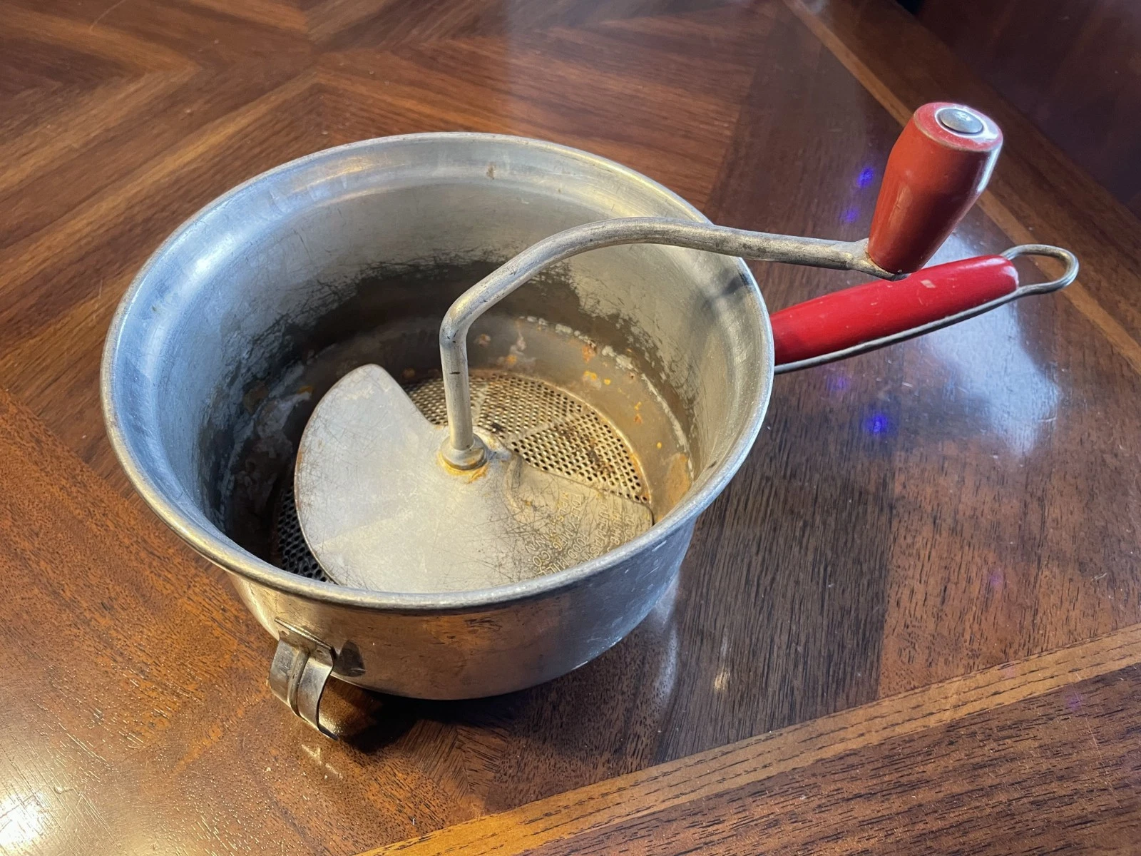 Foley Food Mill Vintage Paddle Red Wood Handle Metal Wire Colander Sifter Sieve