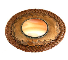 Vintage Southwestern Embossed Stamped Leather Agate Sterling Silver Belt Buckle