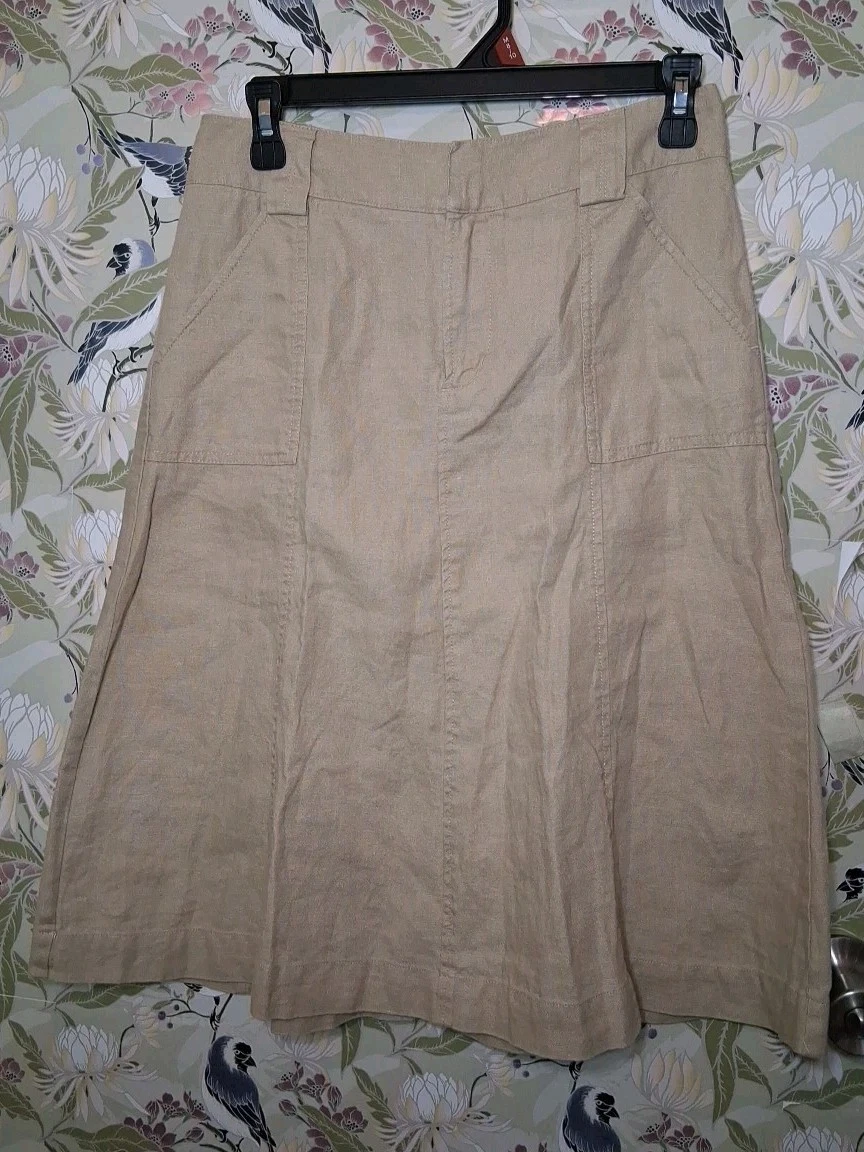 Eddie Bauer Tan 100% Linen A- Line Midi Skirt Size 6 Waist 28" Casual Boho