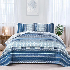 Boho Quilt Set King Size, Navy Blue Bohemian 3 Pieces Quilt Sets, Lightweight Mi