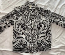 Chicos Border Print Black/White 3/4 Sleeve SILK Kimono Jacket sz 1 MINT Cond