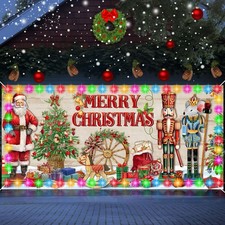 Santa Claus Shop Double Garage Door Banner Cover with LED String Light Batter...