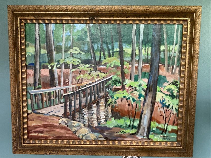 Original Oil Painting Signed Framed Paris Mountain State Pk Greenville SC Bridge